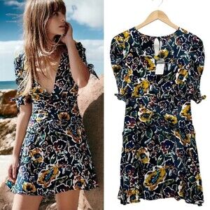 NWT Free People Glow Up Short Sleeve Mini Dress Navy Combo Floral Women’s Size 0